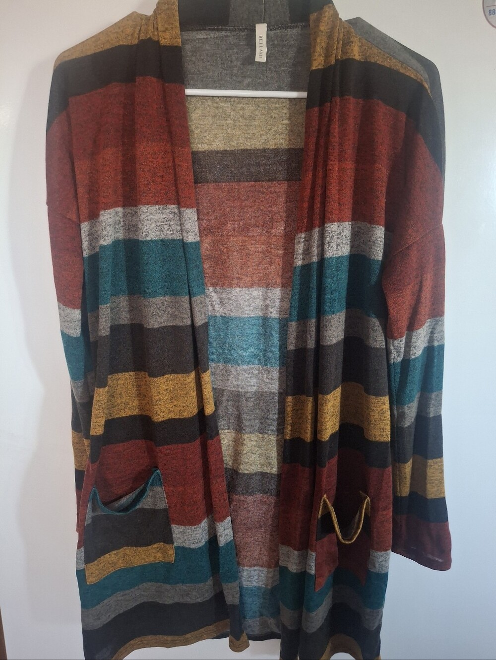 Bellamie Striped Open-Front Cardigan in Rust, Teal & Mustard